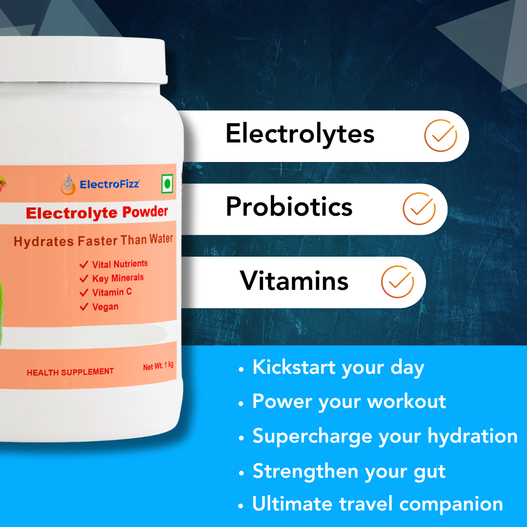 ElectroFizz Electrolyte Powder 100 servings | Minerals, Probiotics & Vitamin C- 1 Kg Jar Pack - Blueberry Flavor