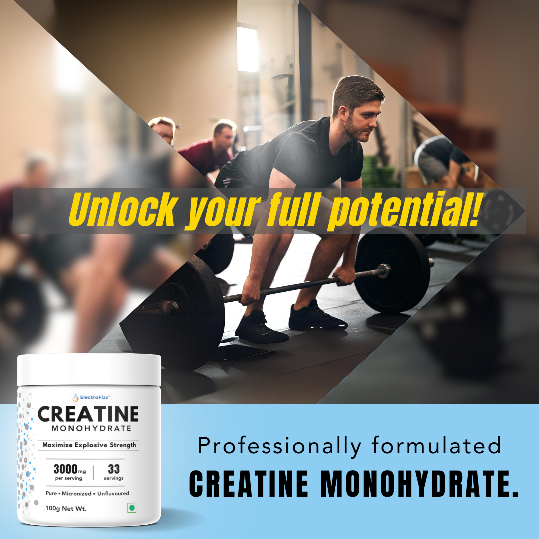 ElectroFizz Pure Micronised Creatine Monohydrate (Unflavoured, 33 Servings) | Scientifically Researched to Build Muscle, Boost Strength & Enhance Performance- 100 gm Pack