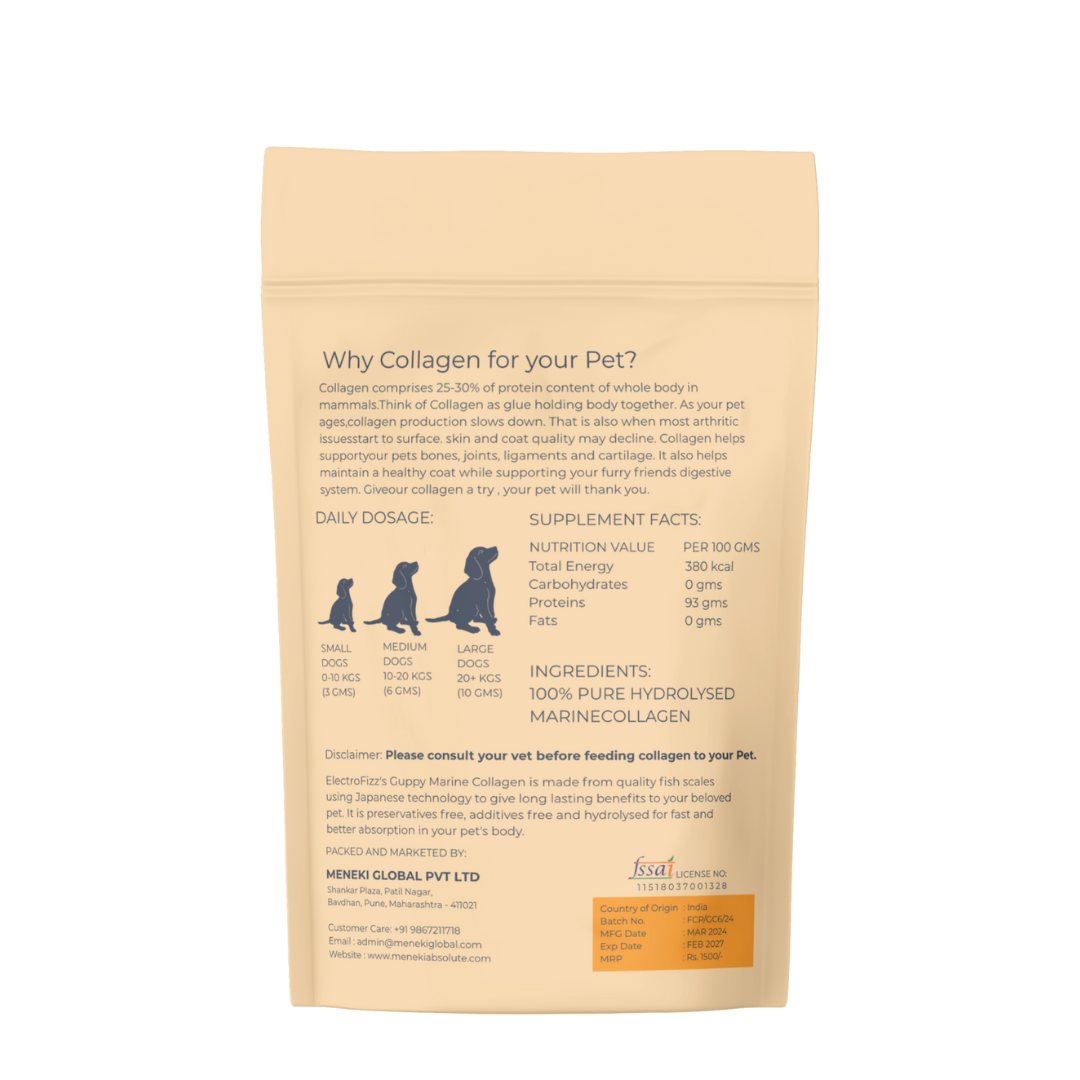 Hydrolysed Marine Collagen Powder for Dogs for Bone and Joint Health, Osteoarthritis, Healthy Coat and Skin Health, Digestive System Non GMO, Gluten Free, Soy Free- 250 Gms
