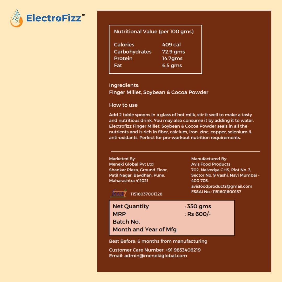 ElectroFizz Super Drink- Finger Millet, Soybean & Coca Powder Mix (Sugar Free)-350 gms
