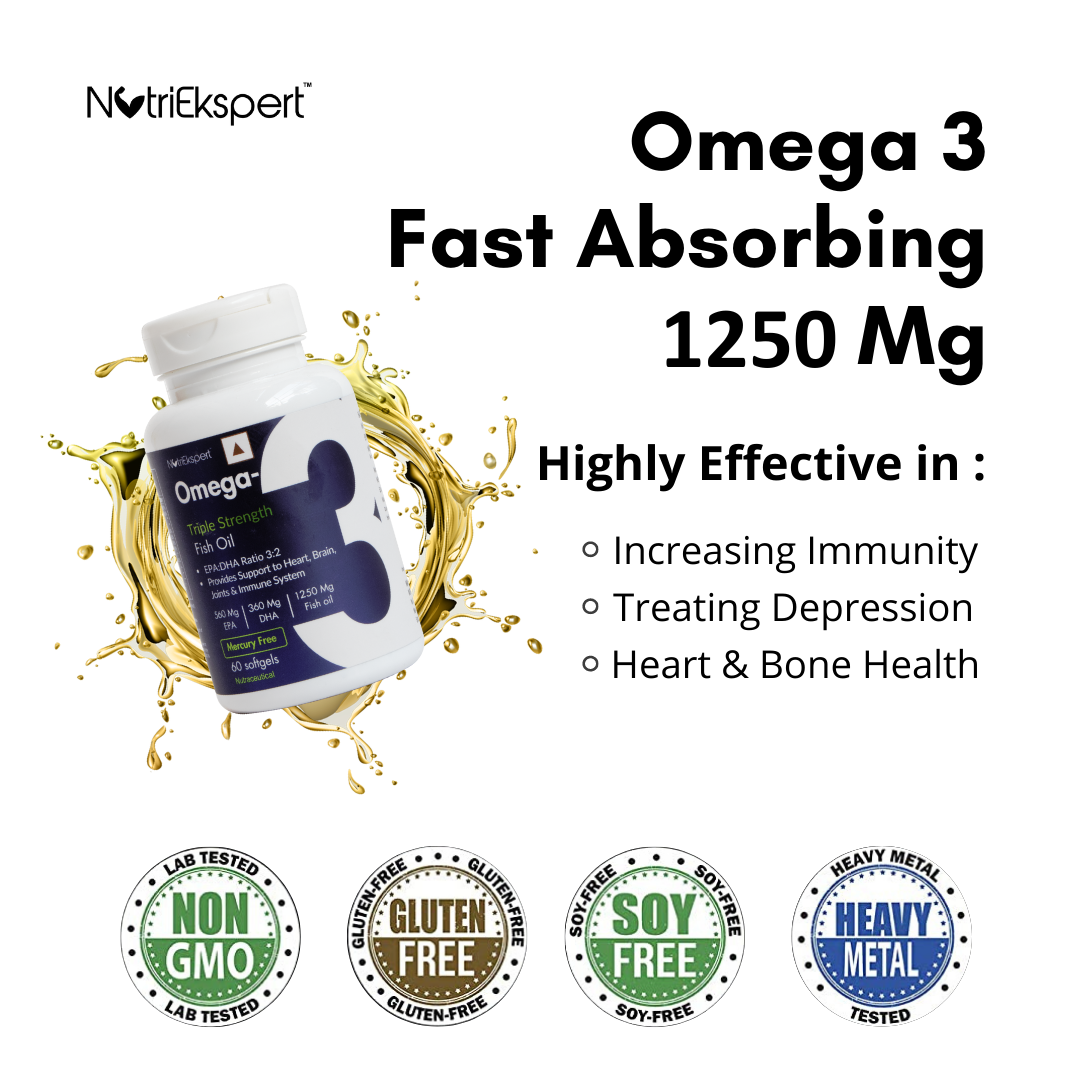 NutriEkspert Premium Triple Strength Omega 3 Fish Oil 1250mg with 560Mg EPA & 360Mg DHA - 60 soft gels