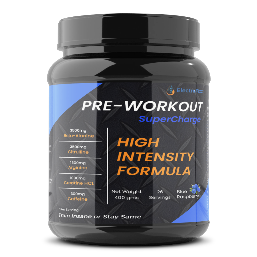 ElectroFizz Pre-Workout SuperCharge Powder for Energy, Power & Laser Focus, 3500 mg Beta-Alanine, 3500 mg Citrulline, 1000 mg Creatine, 200 mg Caffeine (Blue Raspberry)