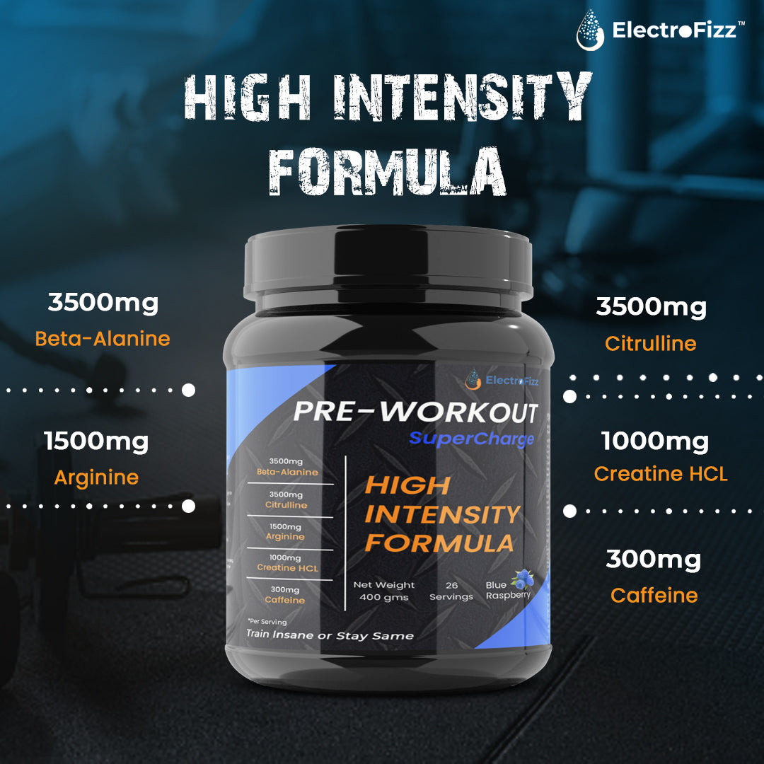ElectroFizz Pre-Workout SuperCharge Powder for Energy, Power & Laser Focus, 3500 mg Beta-Alanine, 3500 mg Citrulline, 1000 mg Creatine, 200 mg Caffeine (Blue Raspberry)
