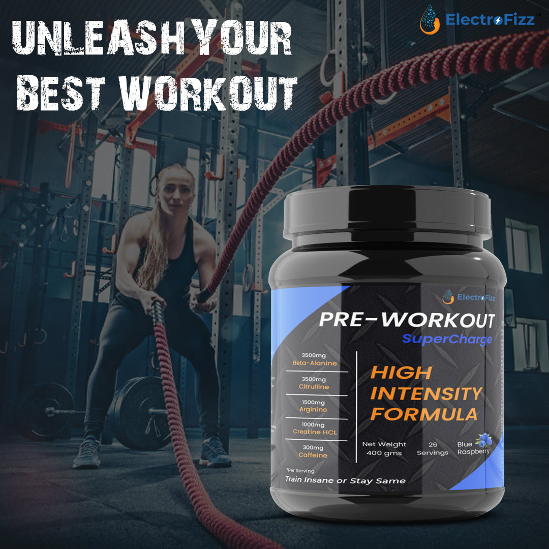 ElectroFizz Pre-Workout SuperCharge Powder for Energy, Power & Laser Focus, 3500 mg Beta-Alanine, 3500 mg Citrulline, 1000 mg Creatine, 200 mg Caffeine (Blue Raspberry)