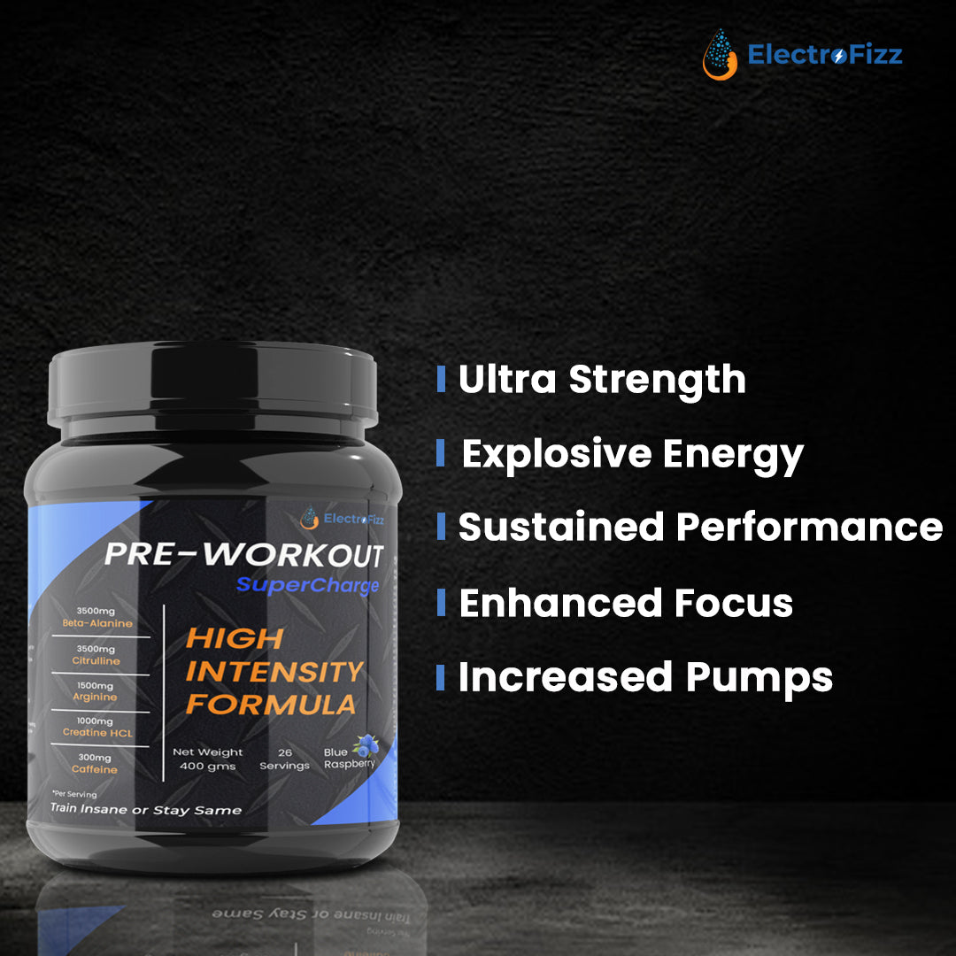 ElectroFizz Pre-Workout SuperCharge Powder for Energy, Power & Laser Focus, 3500 mg Beta-Alanine, 3500 mg Citrulline, 1000 mg Creatine, 200 mg Caffeine (Blue Raspberry)