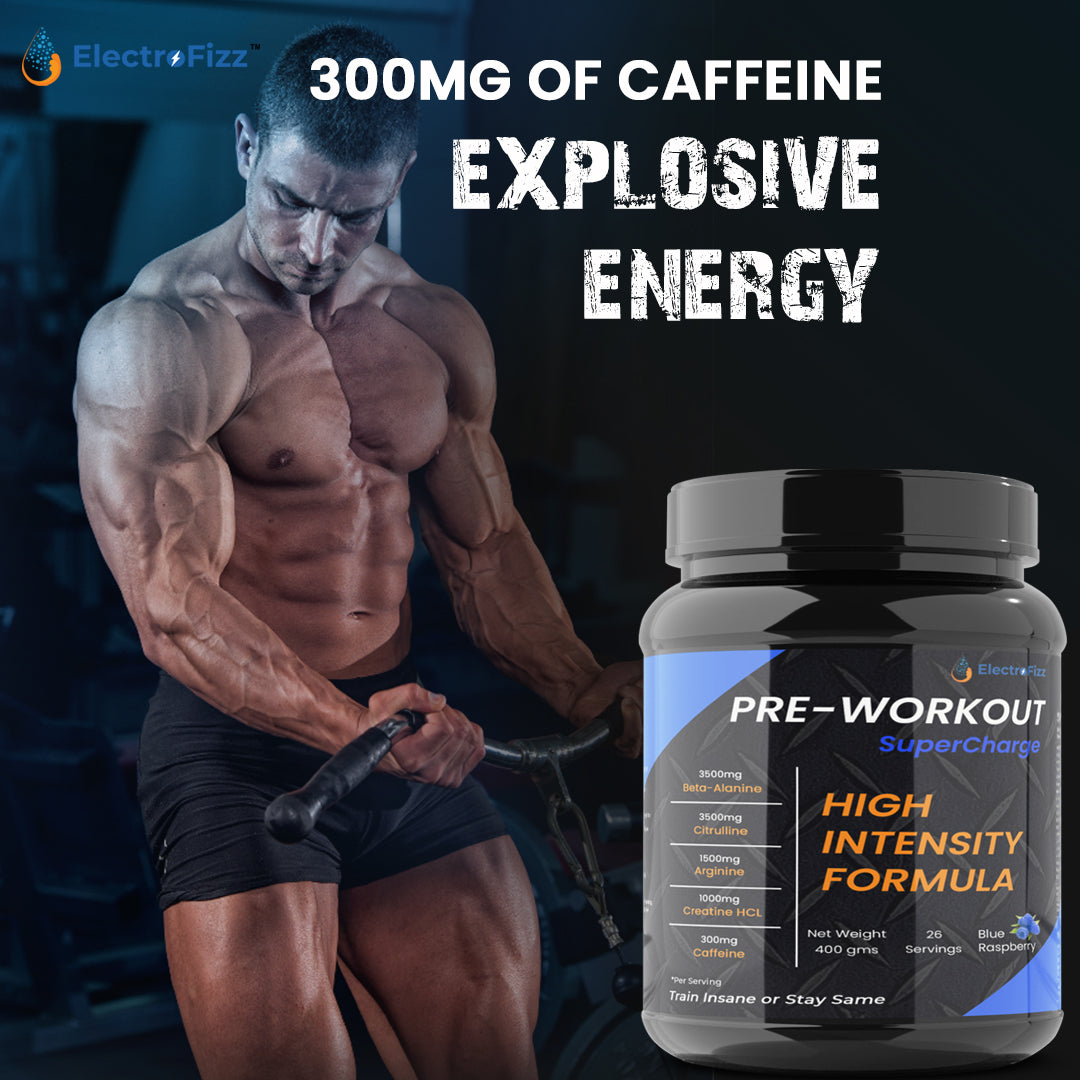 ElectroFizz Pre-Workout SuperCharge Powder for Energy, Power & Laser Focus, 3500 mg Beta-Alanine, 3500 mg Citrulline, 1000 mg Creatine, 200 mg Caffeine (Blue Raspberry)