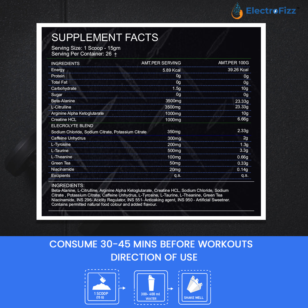ElectroFizz Pre-Workout SuperCharge Powder for Energy, Power & Laser Focus, 3500 mg Beta-Alanine, 3500 mg Citrulline, 1000 mg Creatine, 200 mg Caffeine (Blue Raspberry)