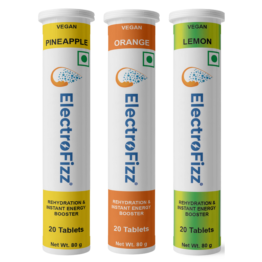 ElectroFizz Electrolyte Energy Drink for Workout - 60 Effervescent Tablets (Pack of 3 tubes) -Orange, Lemon & Pineapple