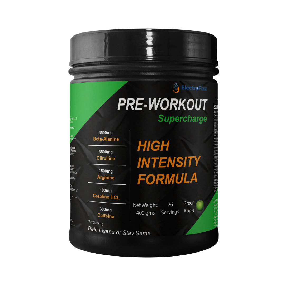 ElectroFizz Pre-Workout SuperCharge Powder for Energy, Power & Laser Focus, 3500 mg Beta-Alanine, 3500 mg Citrulline, 1000 mg Creatine, 200 mg Caffeine (Blue Raspberry)