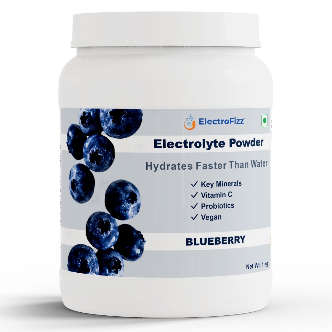 ElectroFizz Electrolyte Powder 100 servings | Minerals, Probiotics & Vitamin C- 1 Kg Jar Pack - Blueberry Flavor