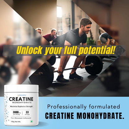 ElectroFizz Pure Micronised Creatine Monohydrate (Unflavoured, 33 Servings) | Scientifically Researched to Build Muscle, Boost Strength & Enhance Performance- 100 gm Pack