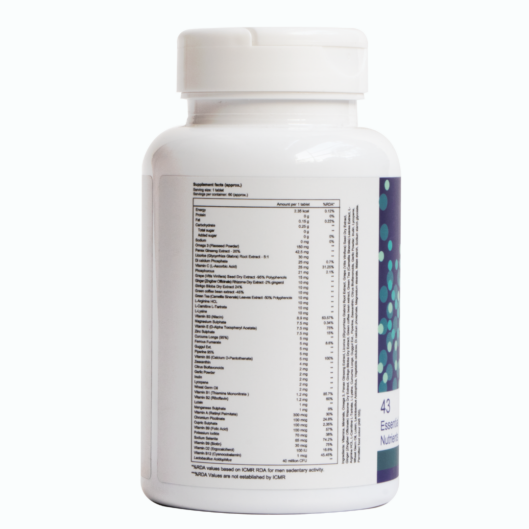 Multivitamin For Men & Women with Omega3,Probiotics,Vitamin C, D & E, Zinc, Ginseng, Multiminerals For Immunity, Energy, Stamina, Antioxidants, Hair & Skin, Clinically Tested Ingredients- 60 Tablets
