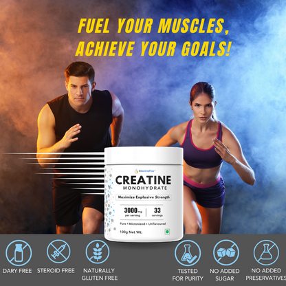 ElectroFizz Pure Micronised Creatine Monohydrate (Unflavoured, 33 Servings) | Scientifically Researched to Build Muscle, Boost Strength & Enhance Performance- 100 gm Pack