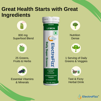 ElectroFizz Supergreens Superfood, Premium Ingredients, Greens, Fruits &Herbs -Spirulina, Moringa, Wheat Grass etc.,Boost Energy, Detox, Enhance Health & Immunity- Pack of 1