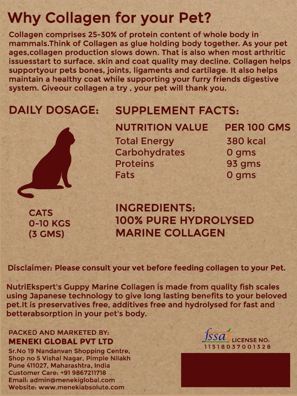 Hydrolysed Marine Collagen Powder for Cats for Bone and Joint Health, Osteoarthritis, Healthy Coat and Skin Health, Digestive System Non GMO, Gluten Free, Soy Free- 250 GMS
