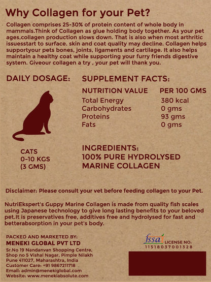 Hydrolysed Marine Collagen Powder for Cats for Bone and Joint Health, Osteoarthritis, Healthy Coat and Skin Health, Digestive System Non GMO, Gluten Free, Soy Free- 250 GMS