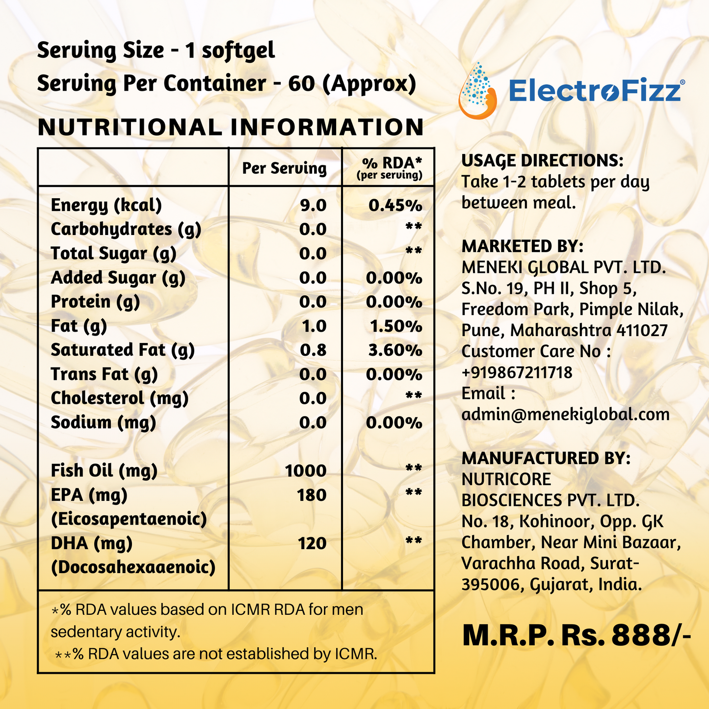 ElectroFizz Premium Fish Oil Capsule For Men & Women (1000mg Omega 3 with 180 mg EPA & 120 mg DHA), for Brain- 60 Softgels