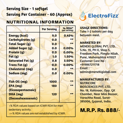 ElectroFizz Premium Fish Oil Capsule For Men & Women (1000mg Omega 3 with 180 mg EPA & 120 mg DHA), for Brain- 60 Softgels