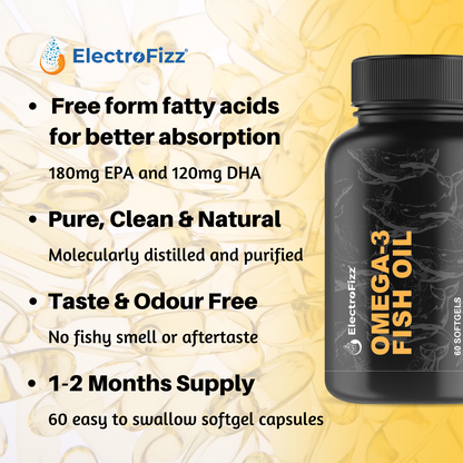 ElectroFizz Premium Fish Oil Capsule For Men & Women (1000mg Omega 3 with 180 mg EPA & 120 mg DHA), for Brain- 60 Softgels